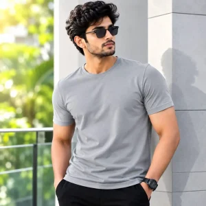 sti Men Self Design Round Neck Polyester Grey T-Shirt